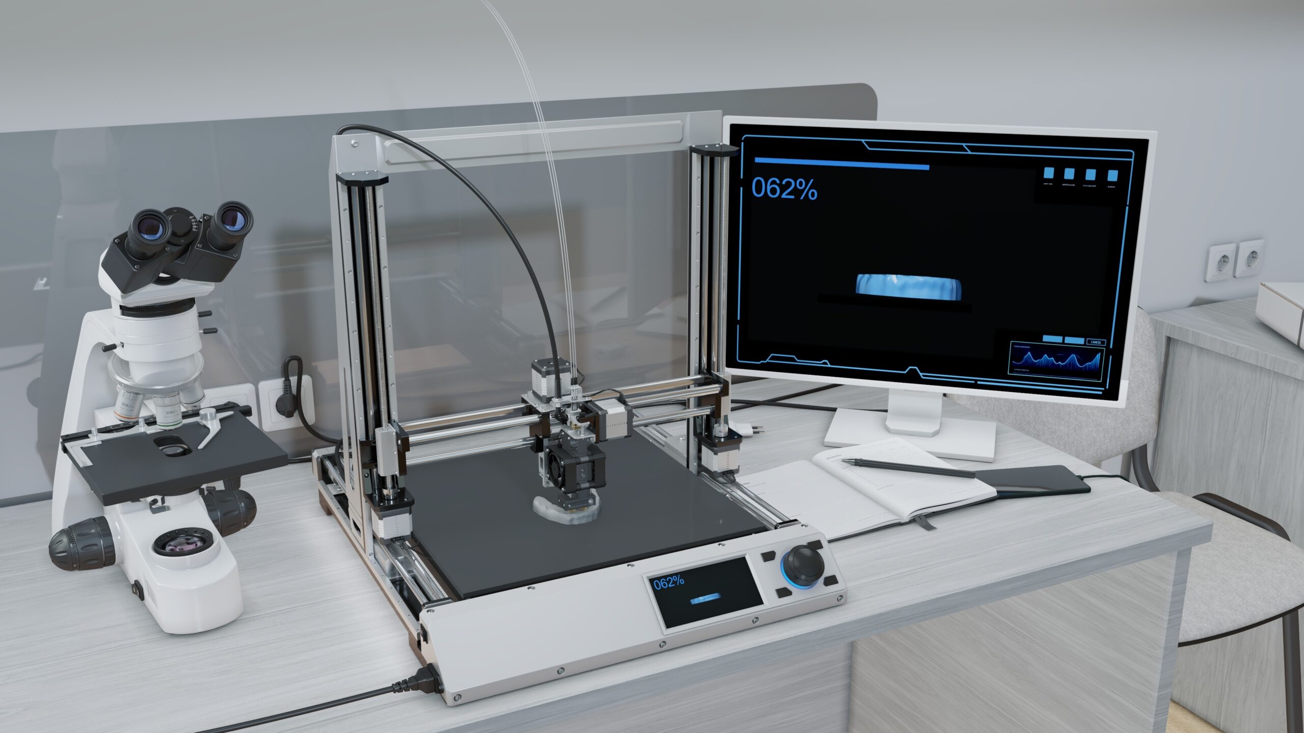 The illustrated a 3D printer at work, creating a jaw with teeth. The precision and innovation of modern 3D printing technology of dentistry. 3d illustration