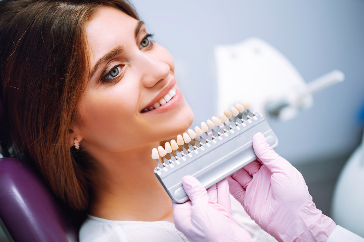 Tooth whitening, perfect white teeth close up with shade guide b